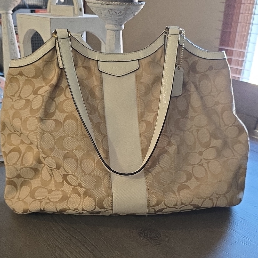 Coach Signature Canvas Tote with Cream Leather Center Stripe